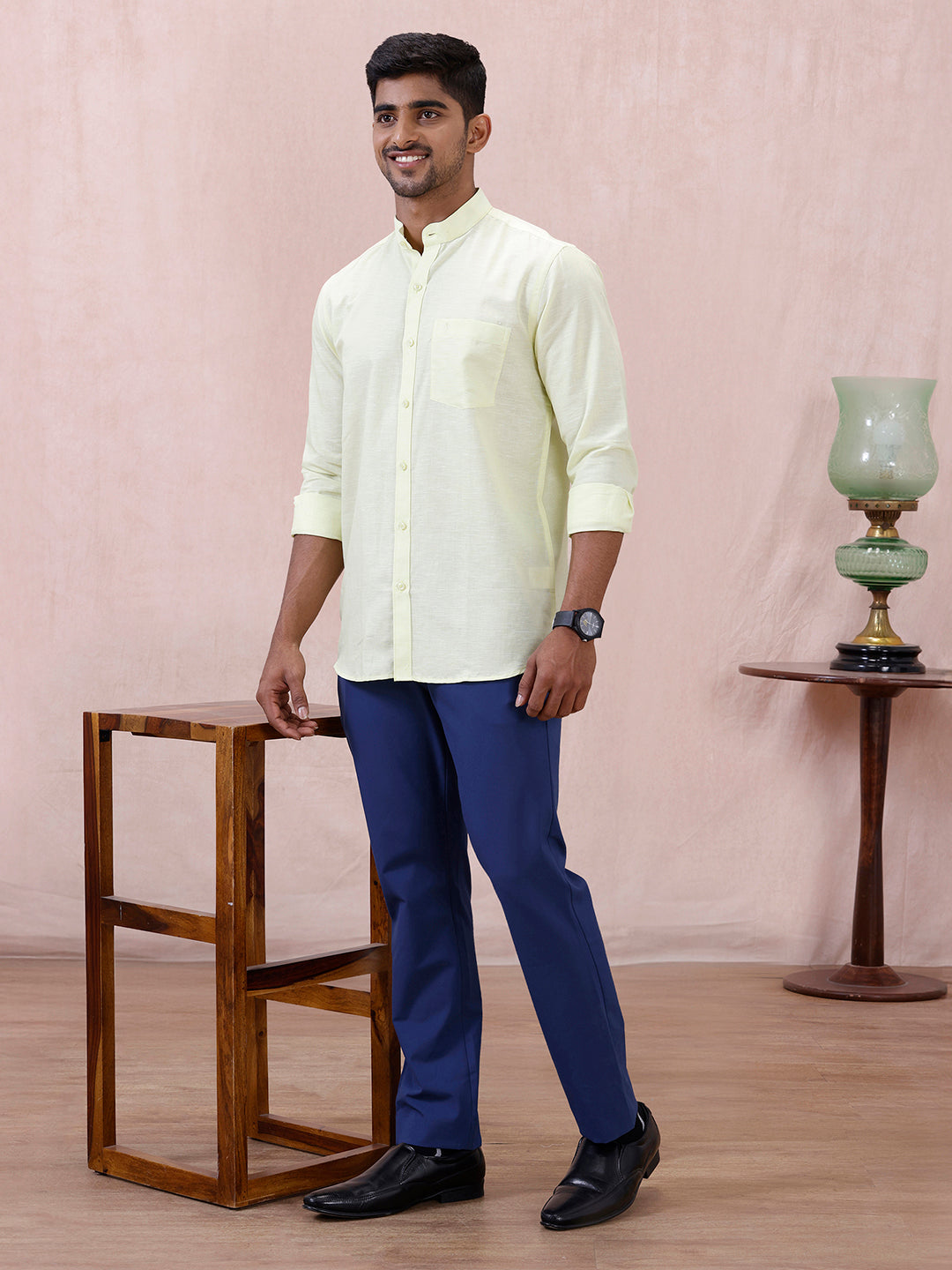 Men Greenish Yellow Linen Cotton Chinese Collar Shirt LF3