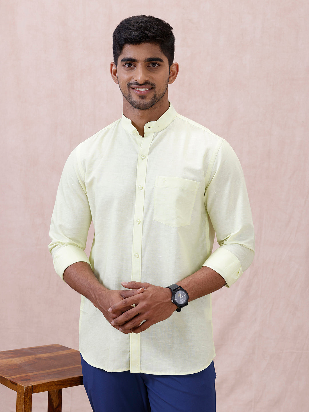 Men Greenish Yellow Linen Cotton Chinese Collar Shirt LF3