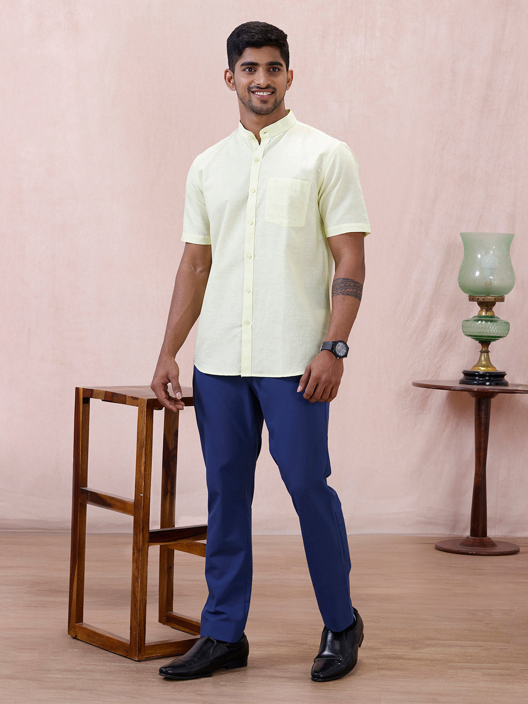 Men Greenish Yellow Linen Cotton Chinese Collar Shirt LF3