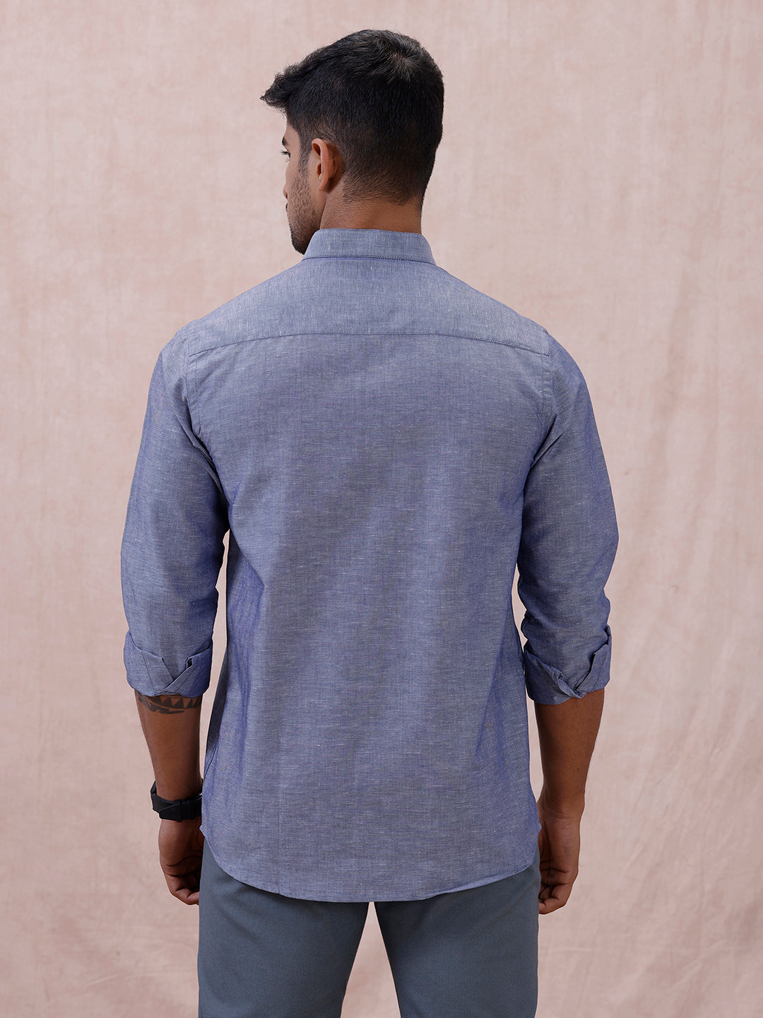 Men Cyan Blue Linen Cotton Chinese Collar Shirt LF6