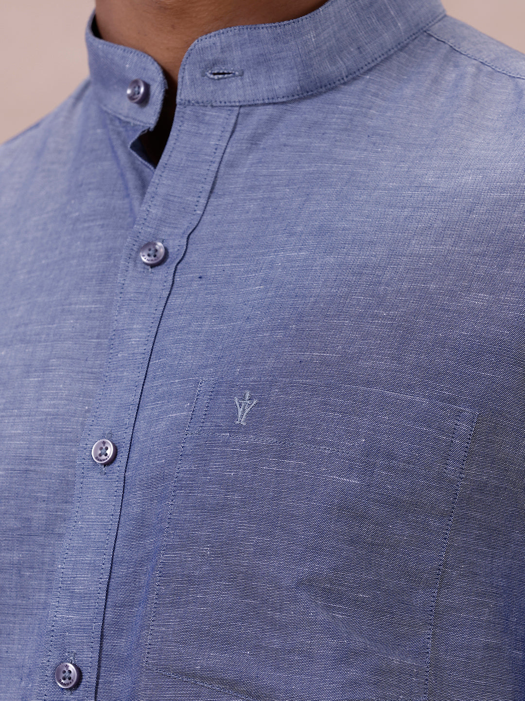 Men Cyan Blue Linen Cotton Chinese Collar Shirt LF6