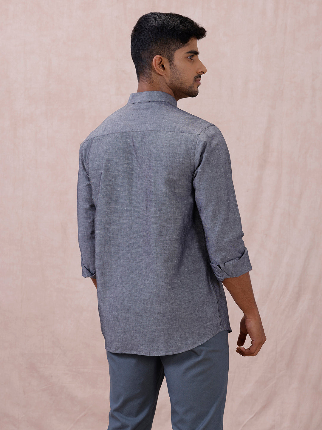Men Grey Linen Cotton Chinese Collar Shirt LF7