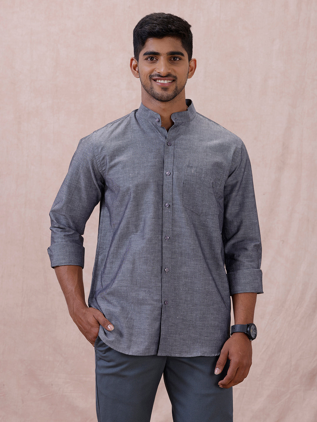 Men Grey Linen Cotton Chinese Collar Shirt LF7
