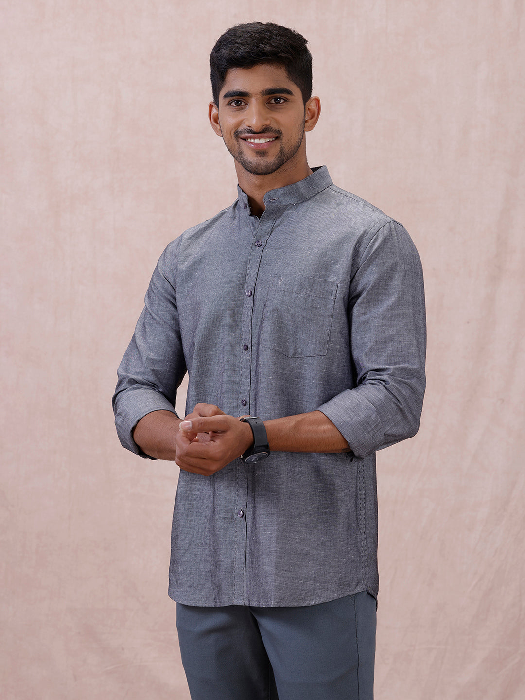 Men Grey Linen Cotton Chinese Collar Shirt LF7