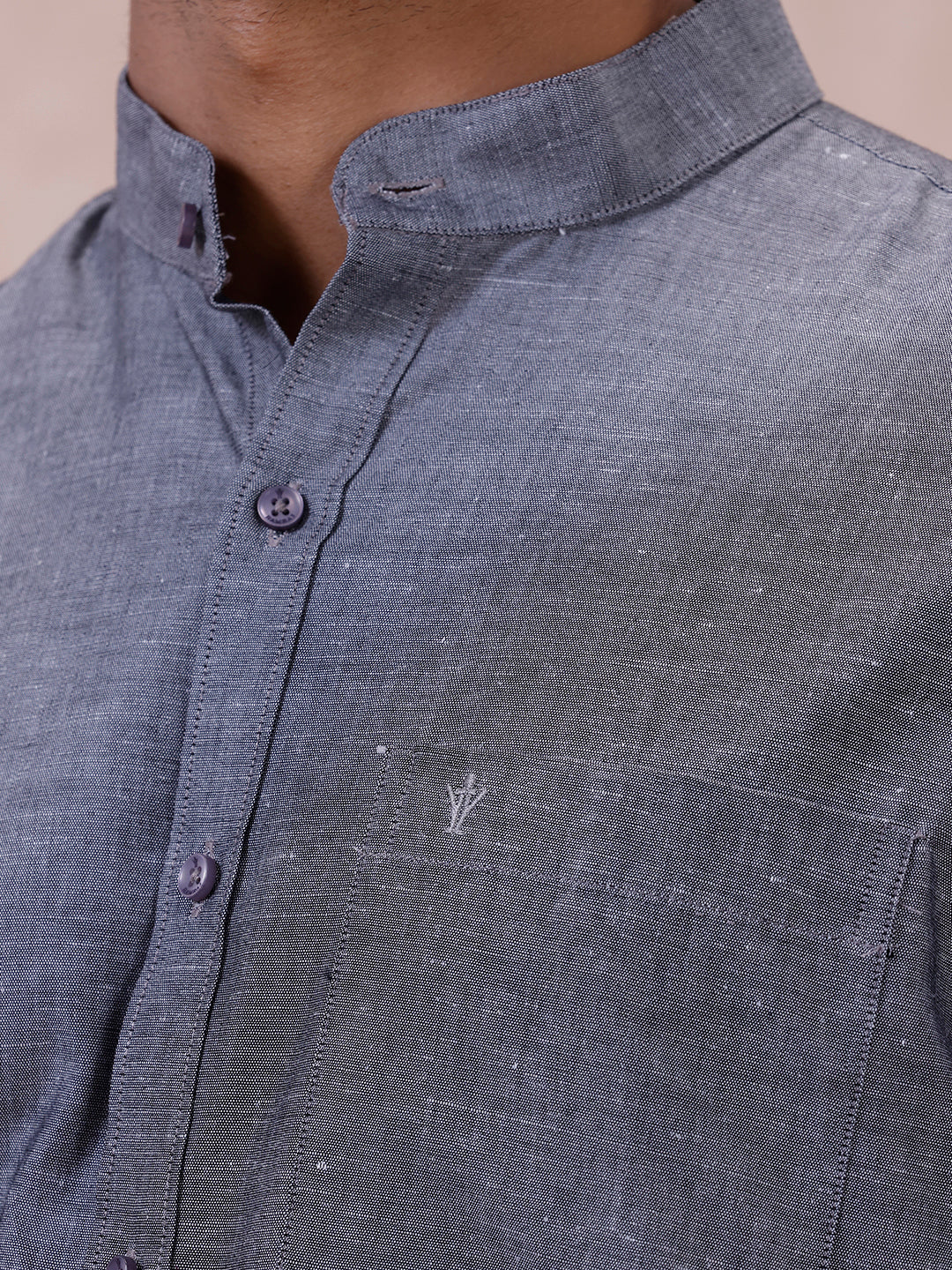Men Grey Linen Cotton Chinese Collar Shirt LF7