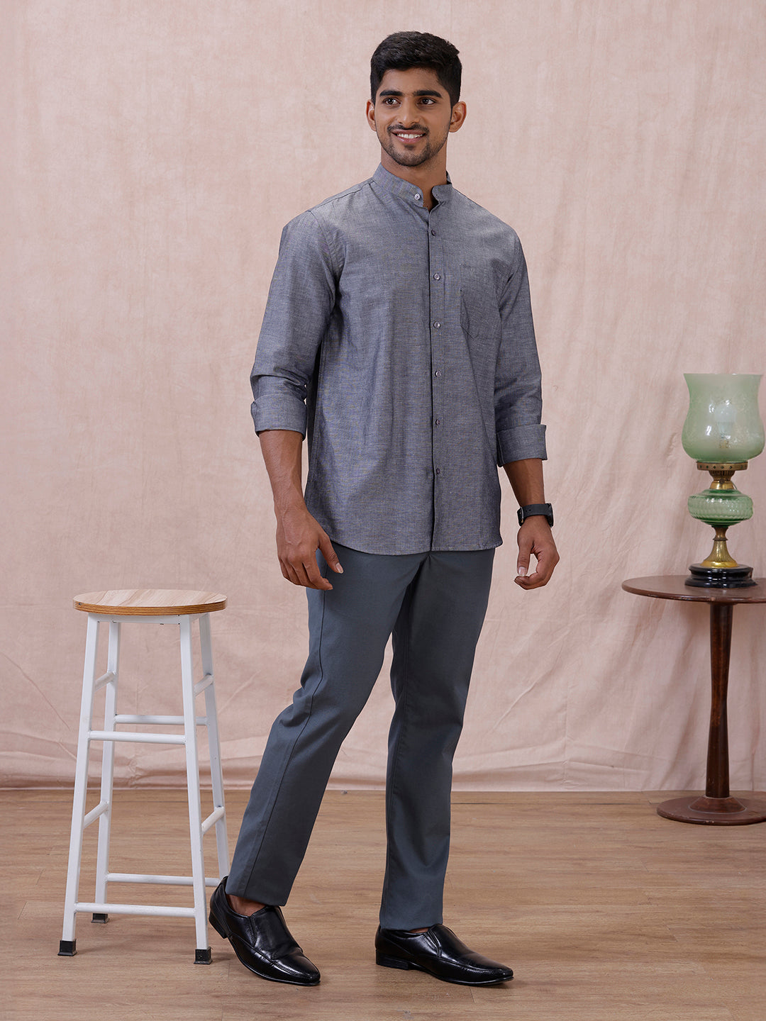 Men Grey Linen Cotton Chinese Collar Shirt LF7