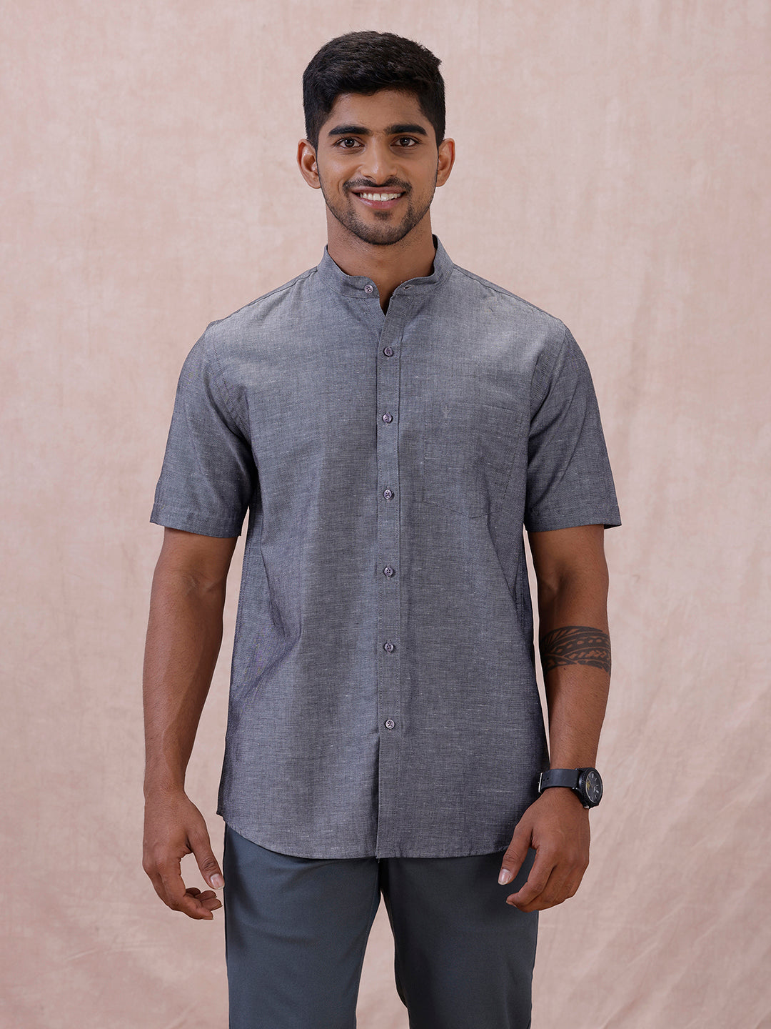 Men Grey Linen Cotton Chinese Collar Shirt LF7