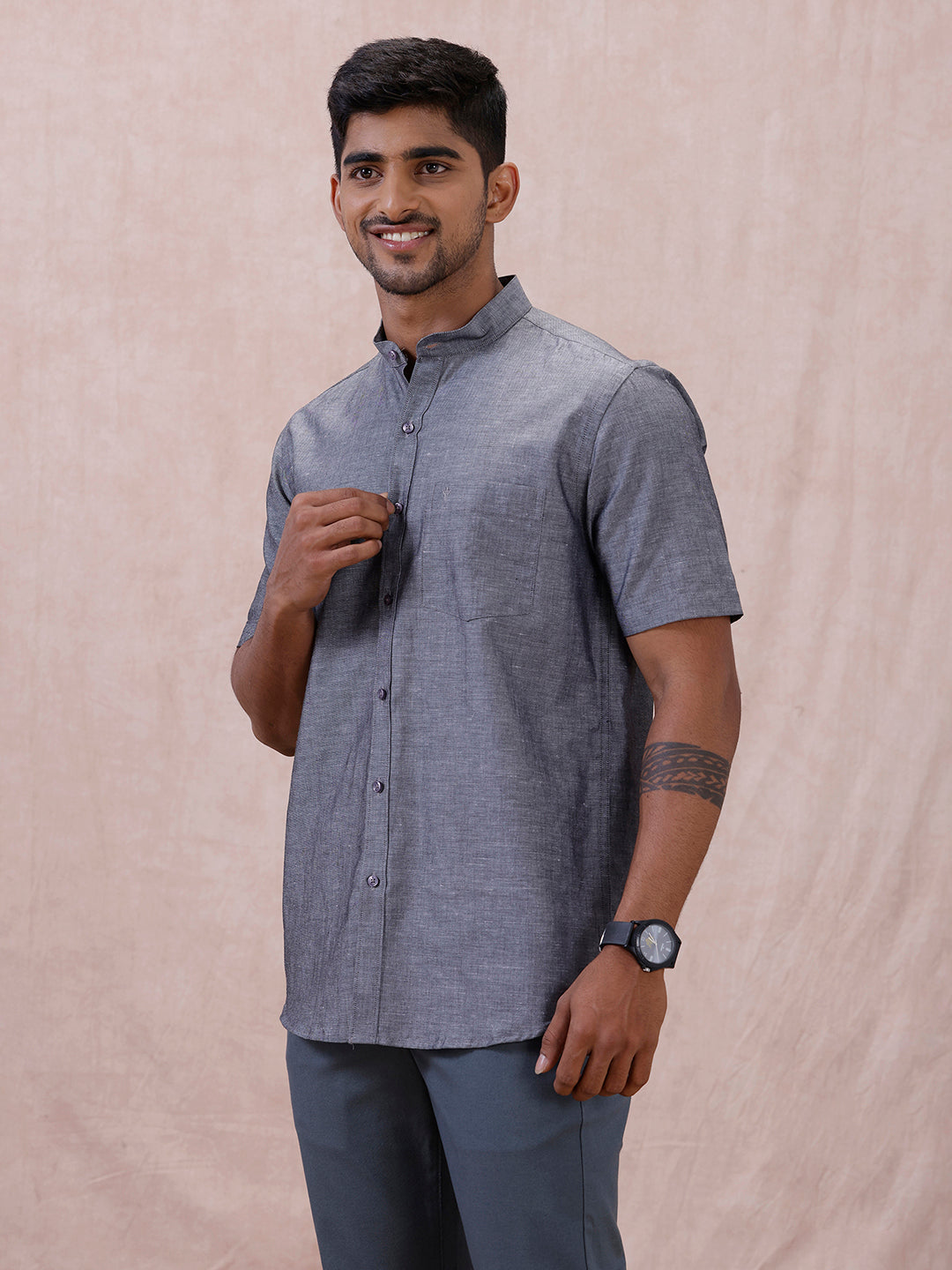 Men Grey Linen Cotton Chinese Collar Shirt LF7