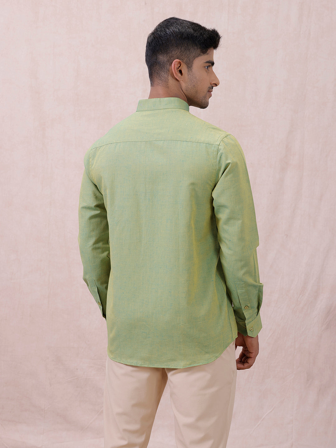 Men Yellowish Green Linen Cotton Chinese Collar Shirt LF9