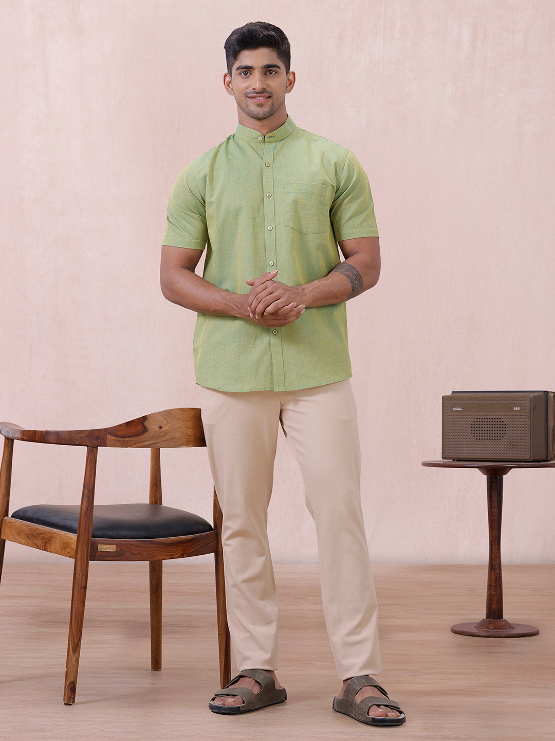 Men Yellowish Green Linen Cotton Chinese Collar Shirt LF9