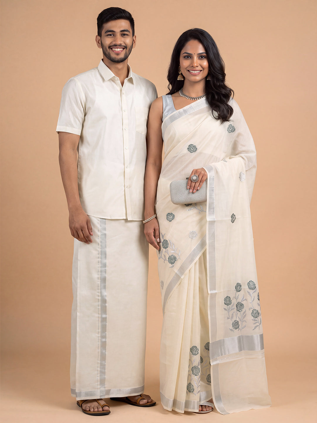 Couple Combo Silver Shirt & Dhoti Set with Saree KLS56