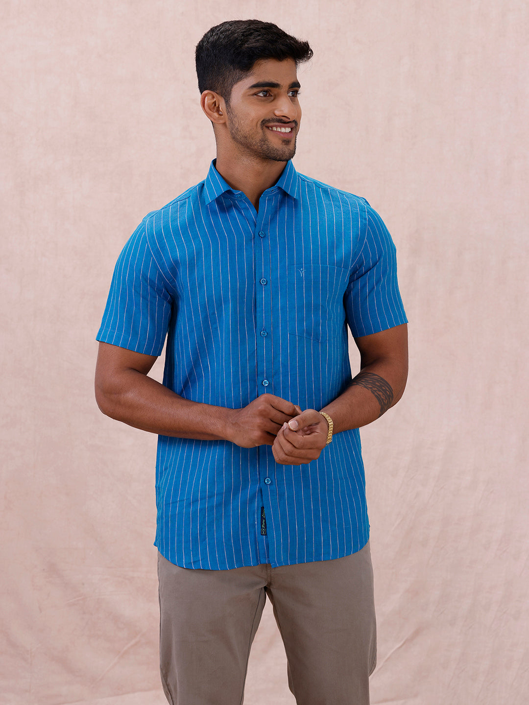 Men Pure Linen Striped Shirt Tufts Blue LS11