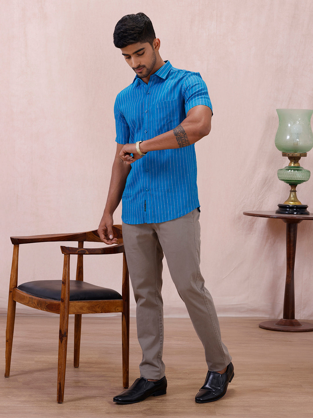 Men Pure Linen Striped Shirt Tufts Blue LS11