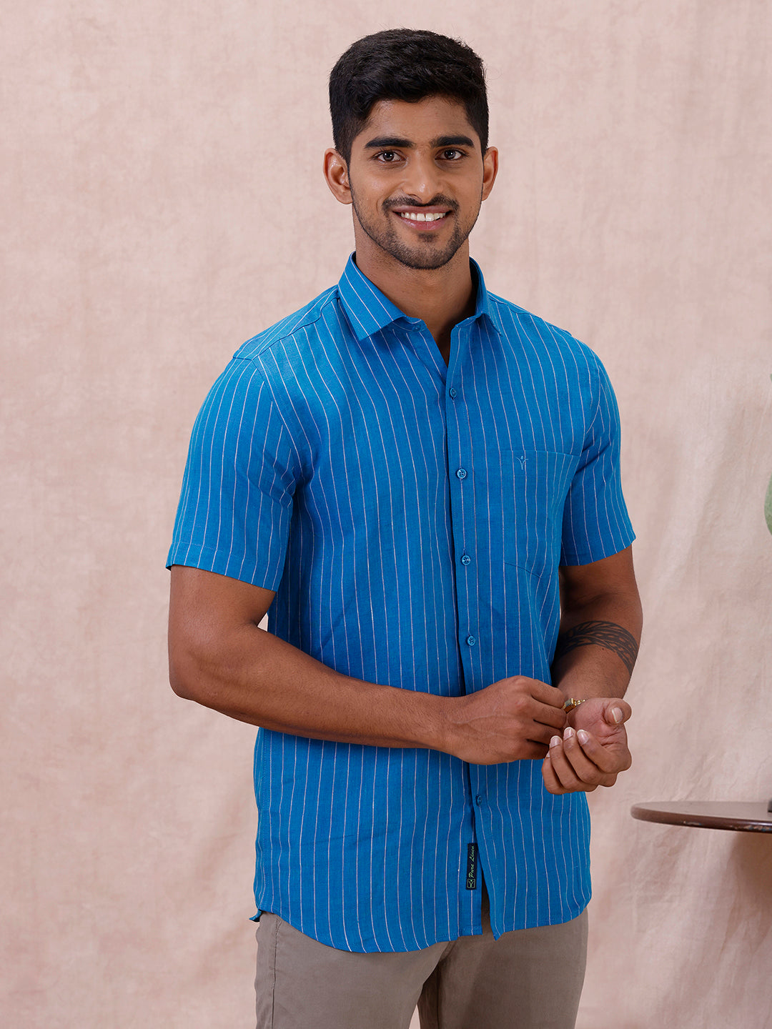 Men Pure Linen Striped Shirt Tufts Blue LS11