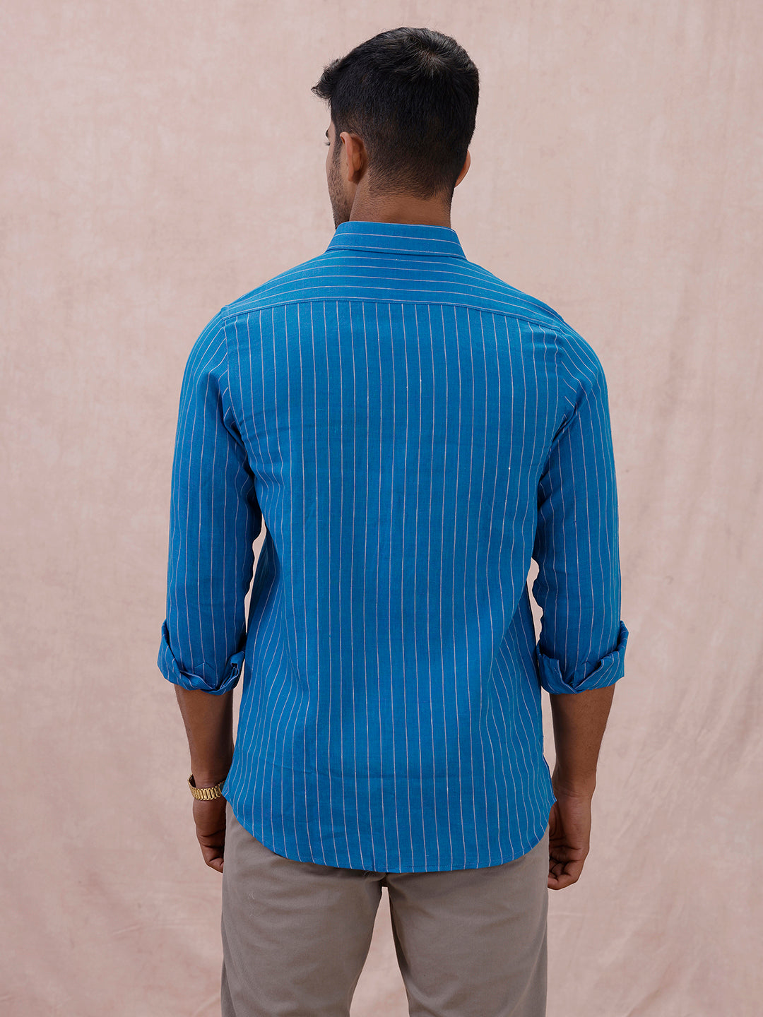 Men Pure Linen Striped Shirt Tufts Blue LS11