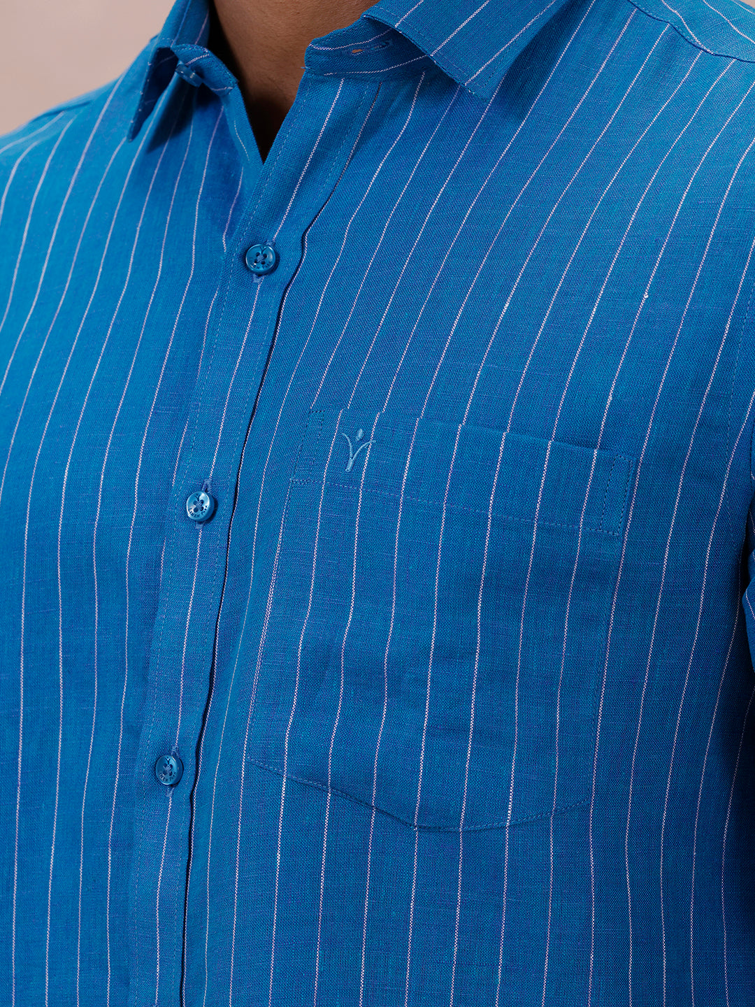 Men Pure Linen Striped Shirt Tufts Blue LS11