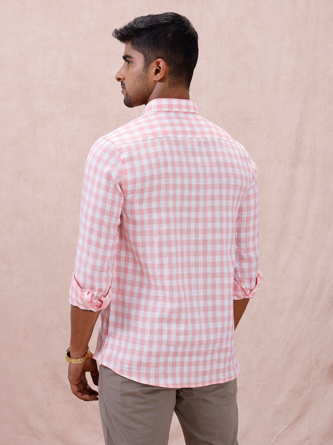 Men Pure Linen Checked Shirt Pink LS2