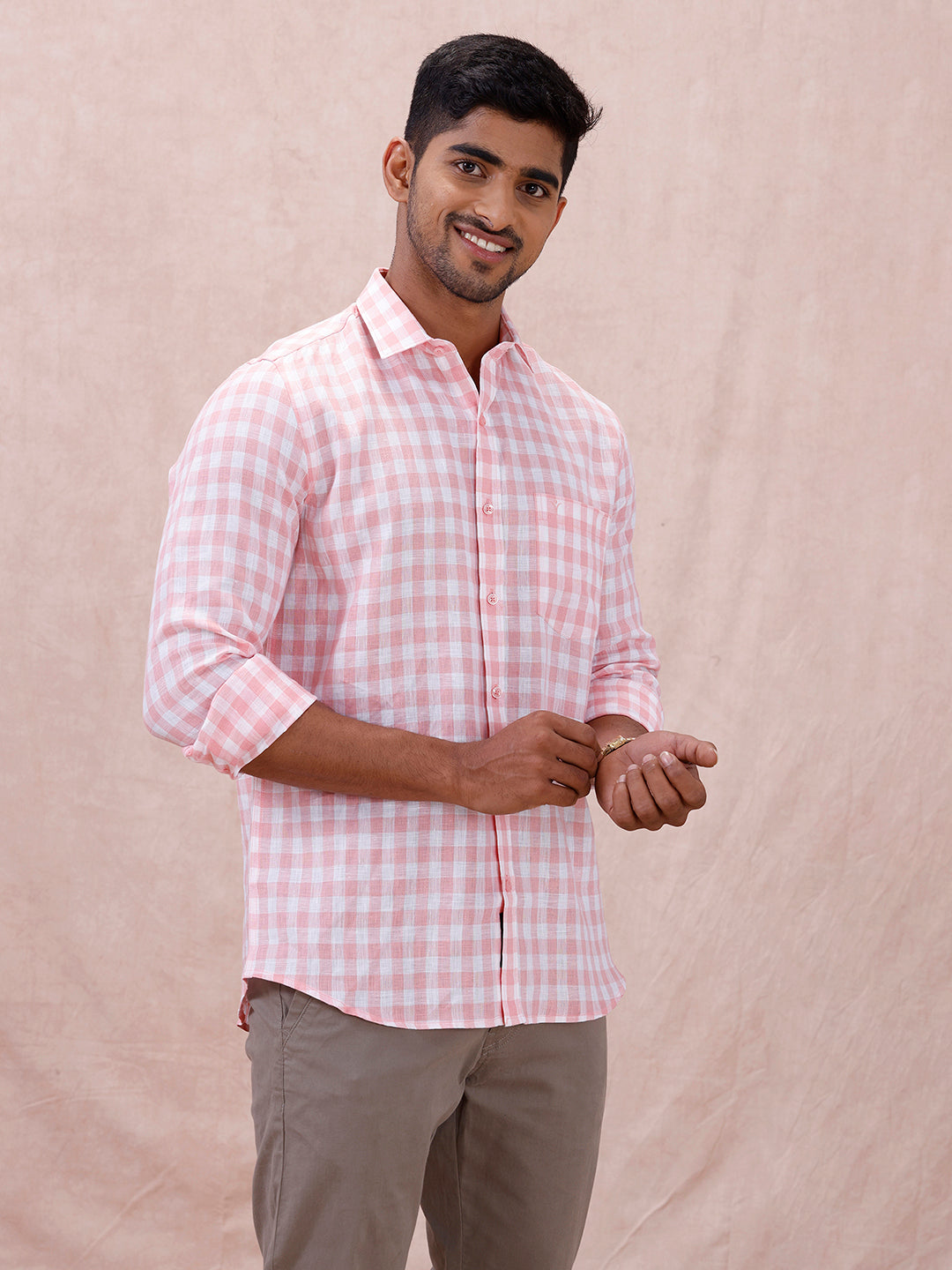 Men Pure Linen Checked Shirt Pink LS2