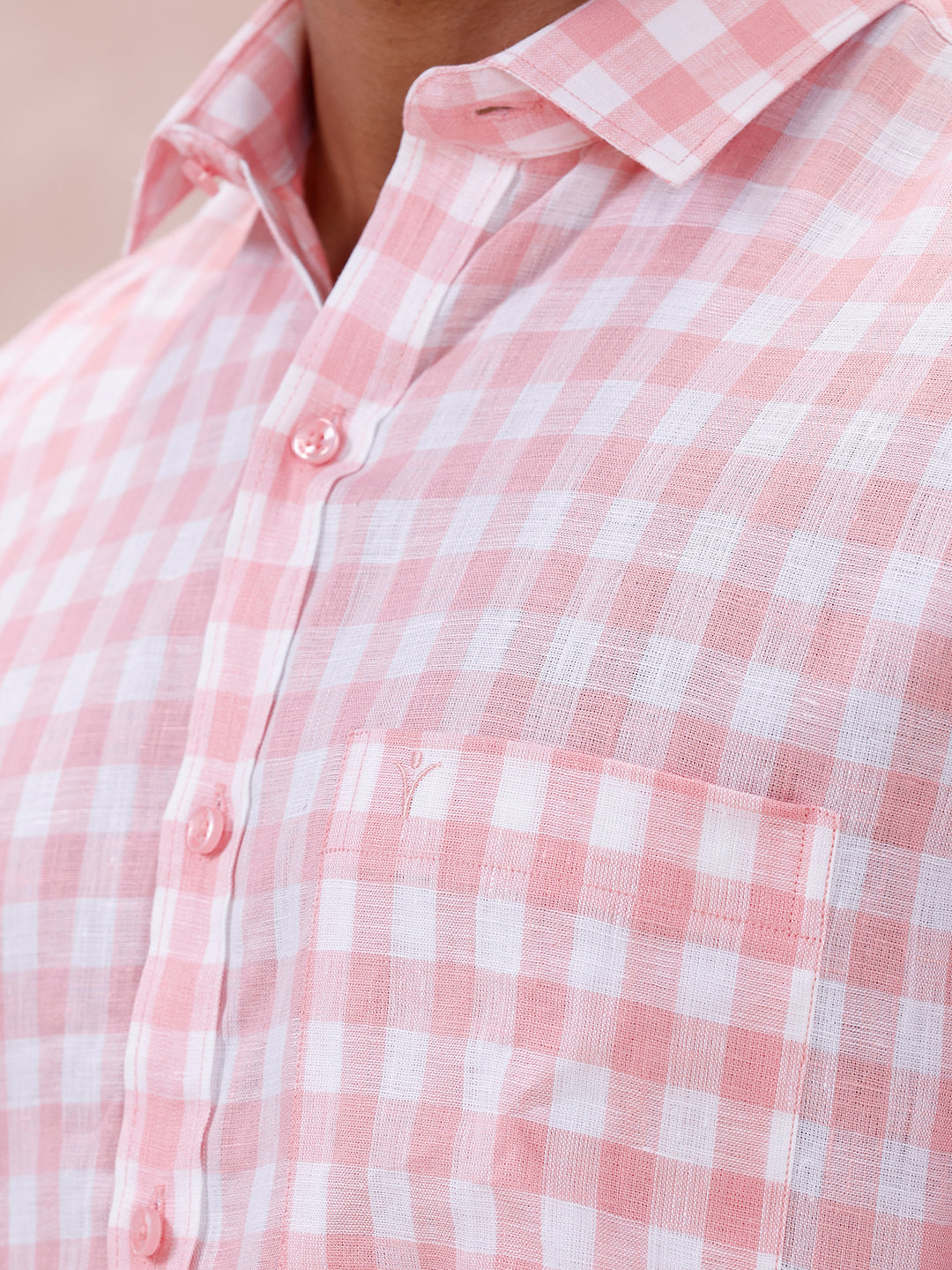Men Pure Linen Checked Shirt Pink LS2