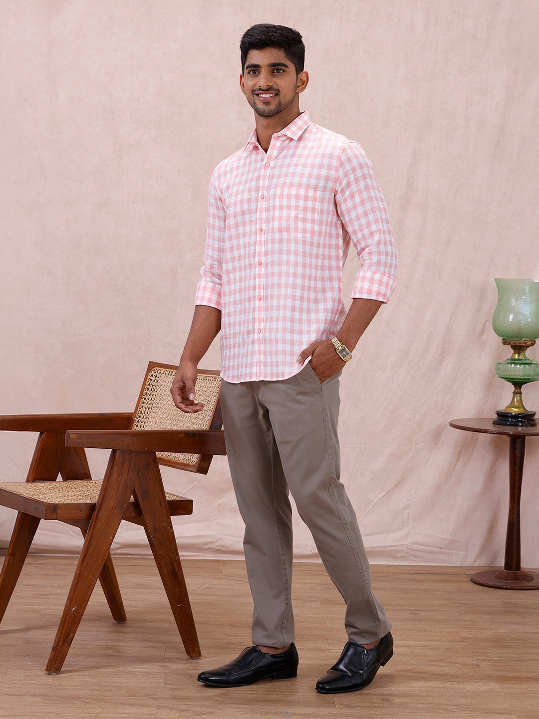 Men Pure Linen Checked Shirt Pink LS2