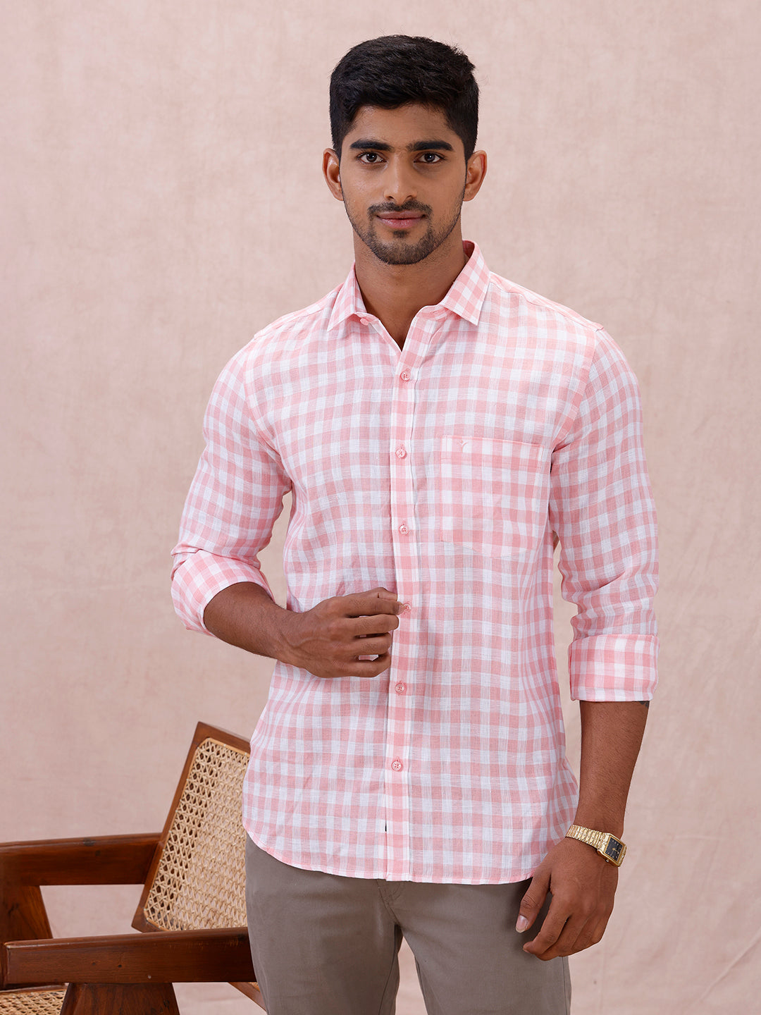 Men Pure Linen Checked Shirt Pink LS2