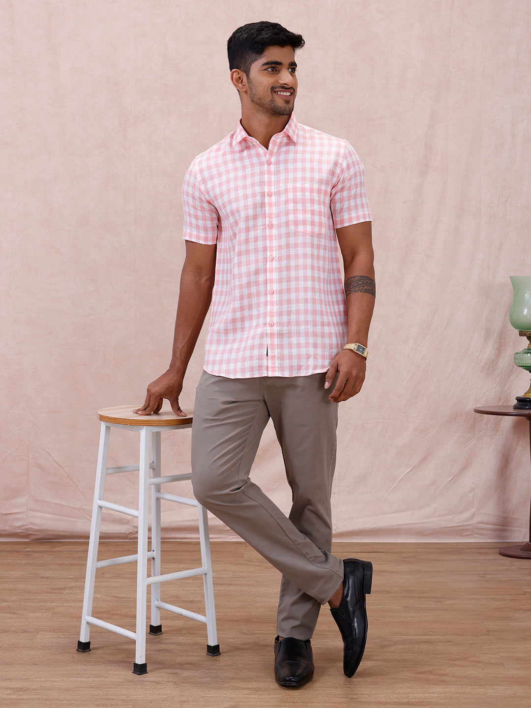 Men Pure Linen Checked Shirt Pink LS2