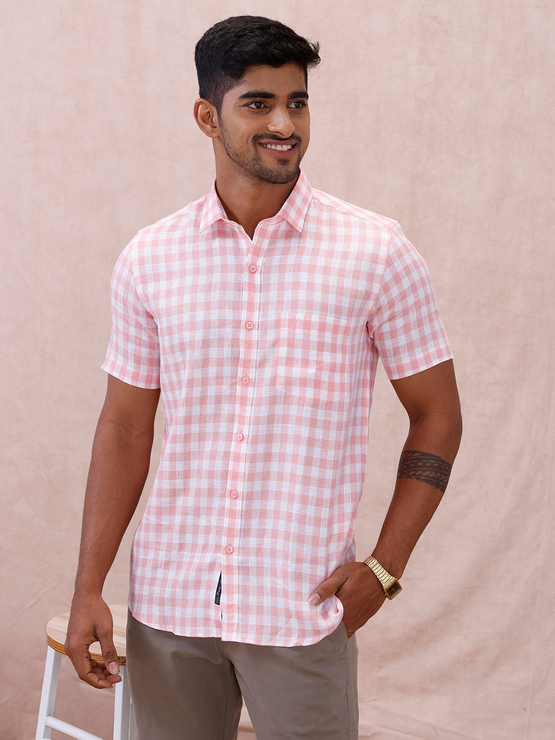 Men Pure Linen Checked Shirt Pink LS2