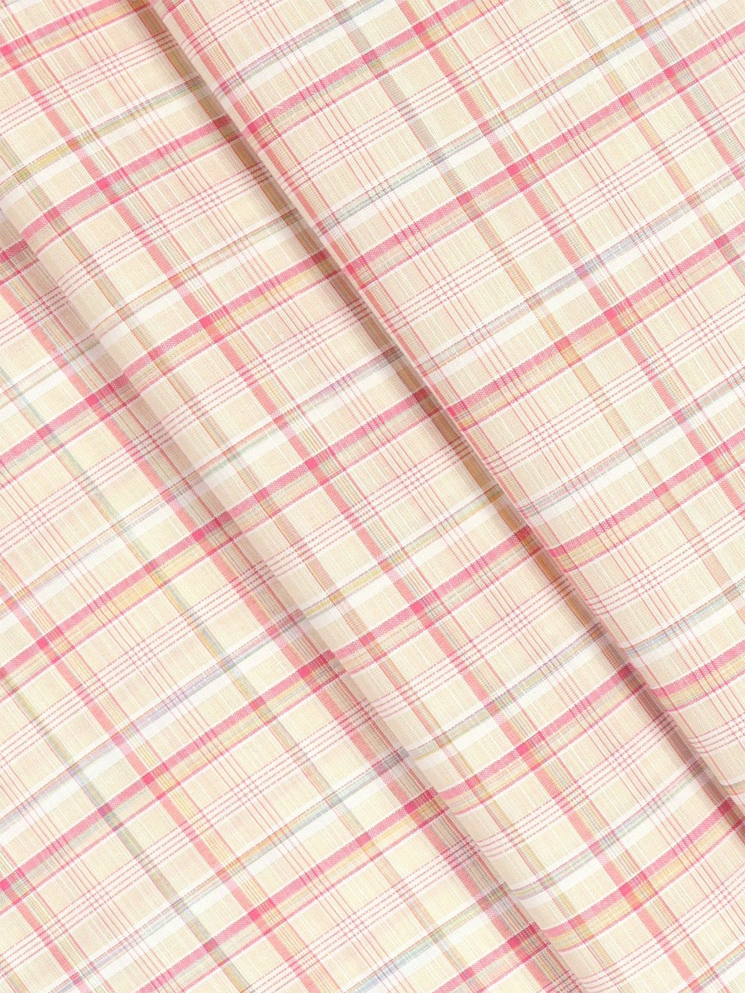 Cotton Blend Light Sandal & Pink Colour Checked Shirt Fabric Elight Gold-Close view