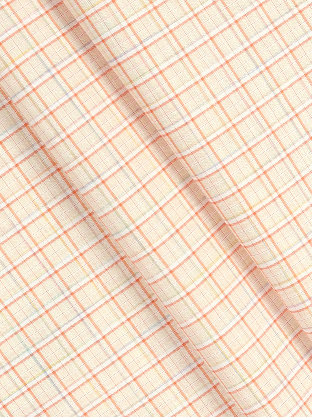 Cotton Blend Light Sandal & Orange Colour Checked Shirt Fabric Elight Gold-Close view