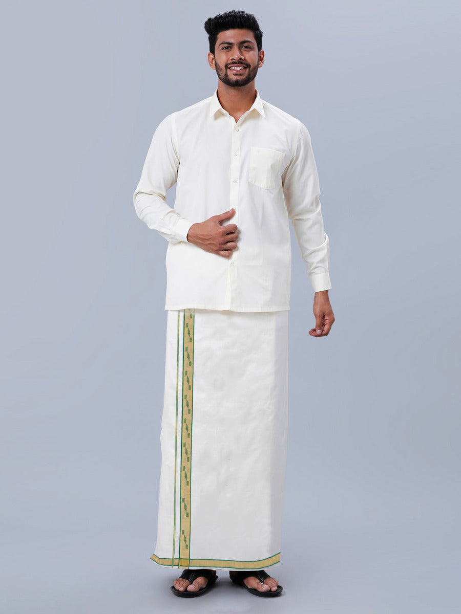 Mens Premium Handloom Cream Double Dhoti with Fancy Gold Jari Border 110041