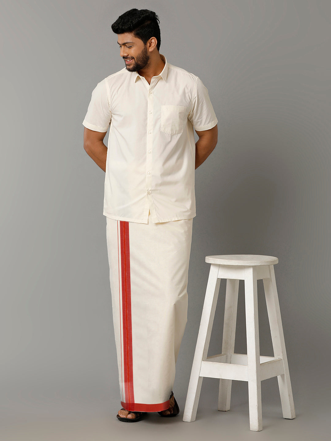 Mens Kora Cream Double Dhoti with Redfort Fancy Red Border-Full view