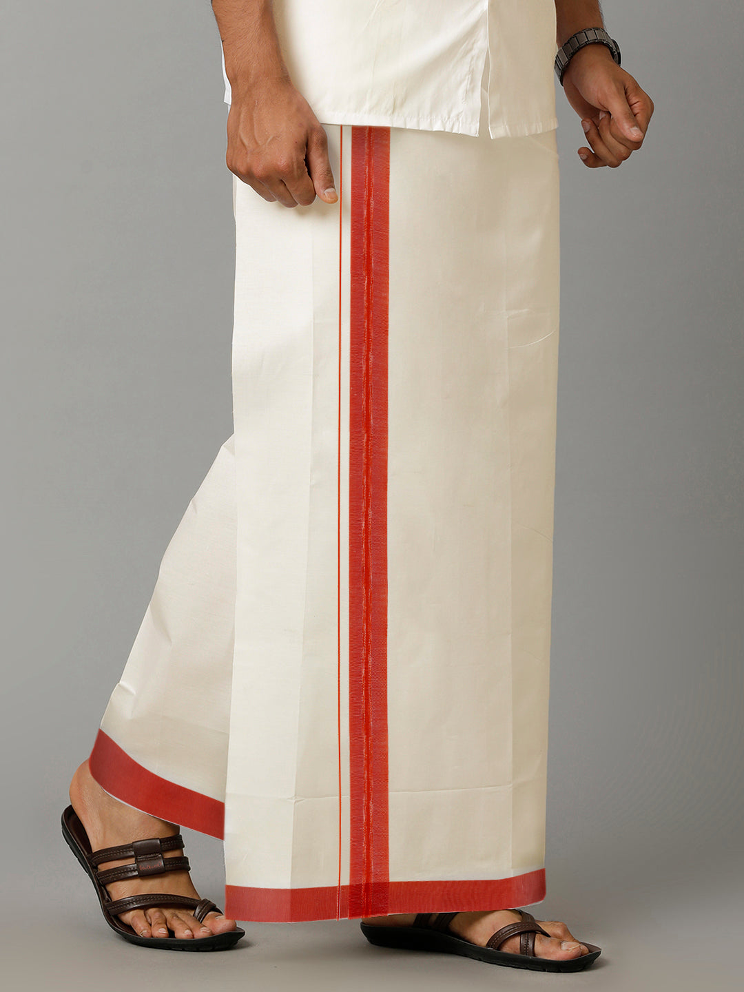 Mens Kora Cream Double Dhoti with Redfort Fancy Red Border-Side view