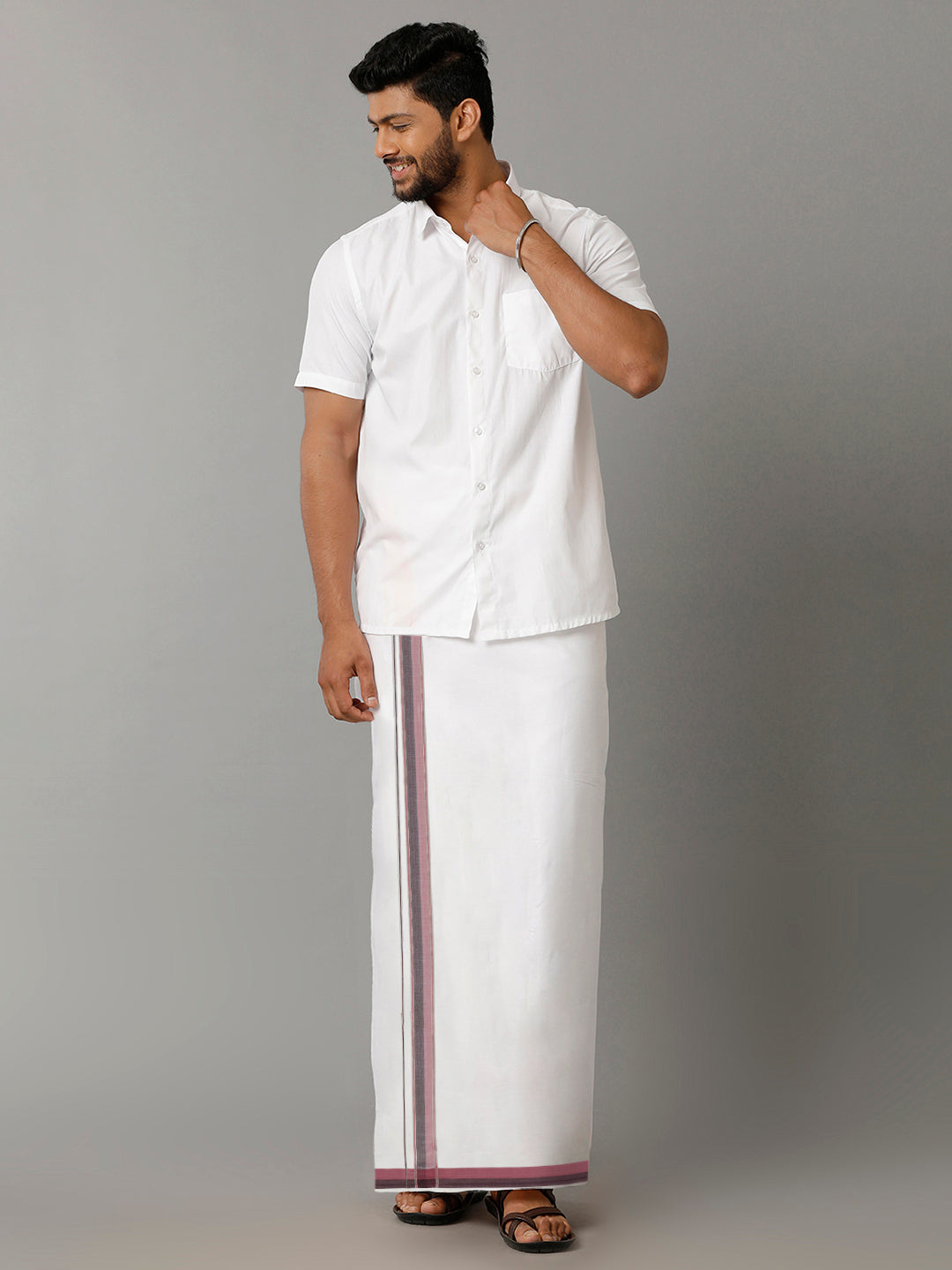 Mens 100% Cotton Double Dhoti with Pink & Black Fancy Jari Border Enclave 4810-Full view