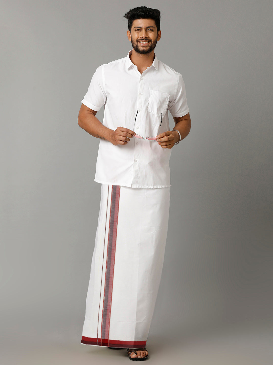Mens 100% Cotton Double Dhoti with Red & Black Fancy Jari Border Enclave 4810-Fullview