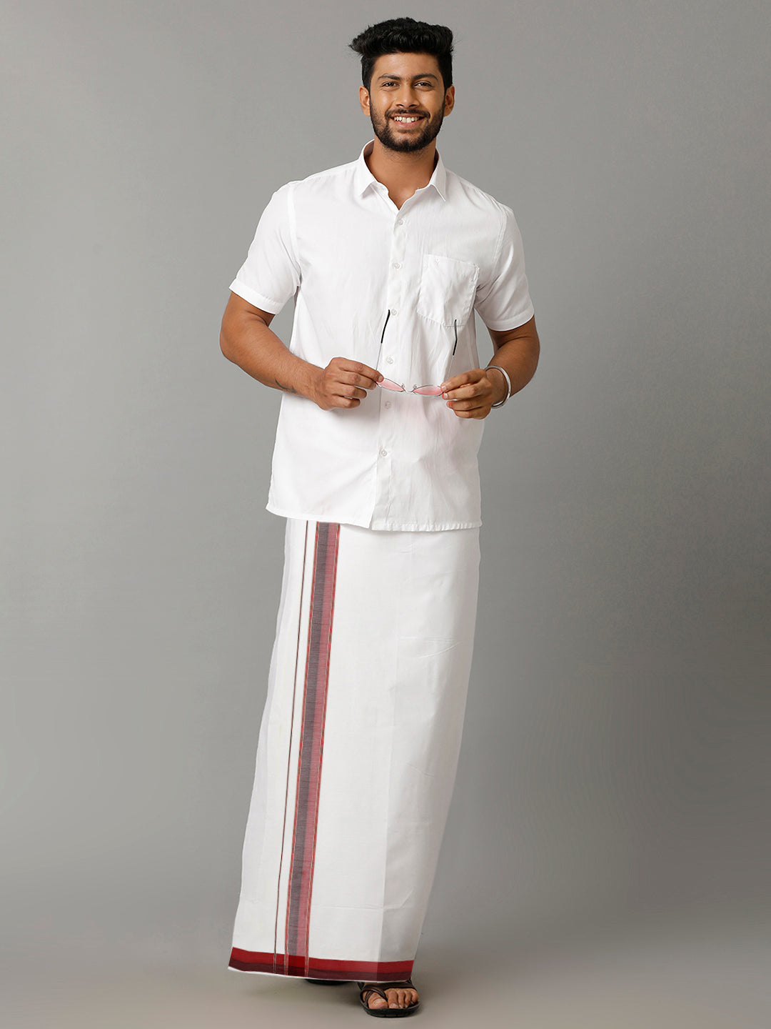 Mens Pure Cotton Silver Jari Border Dhoti Red