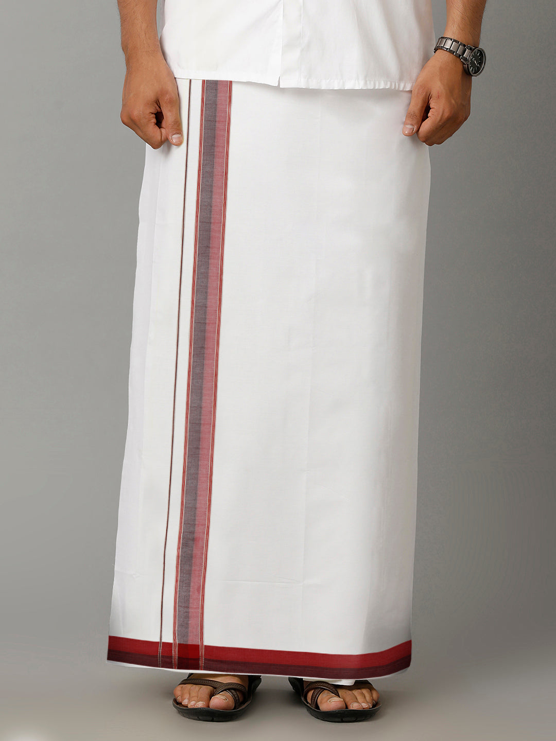 Mens Pure Cotton Silver Jari Border Dhoti Red