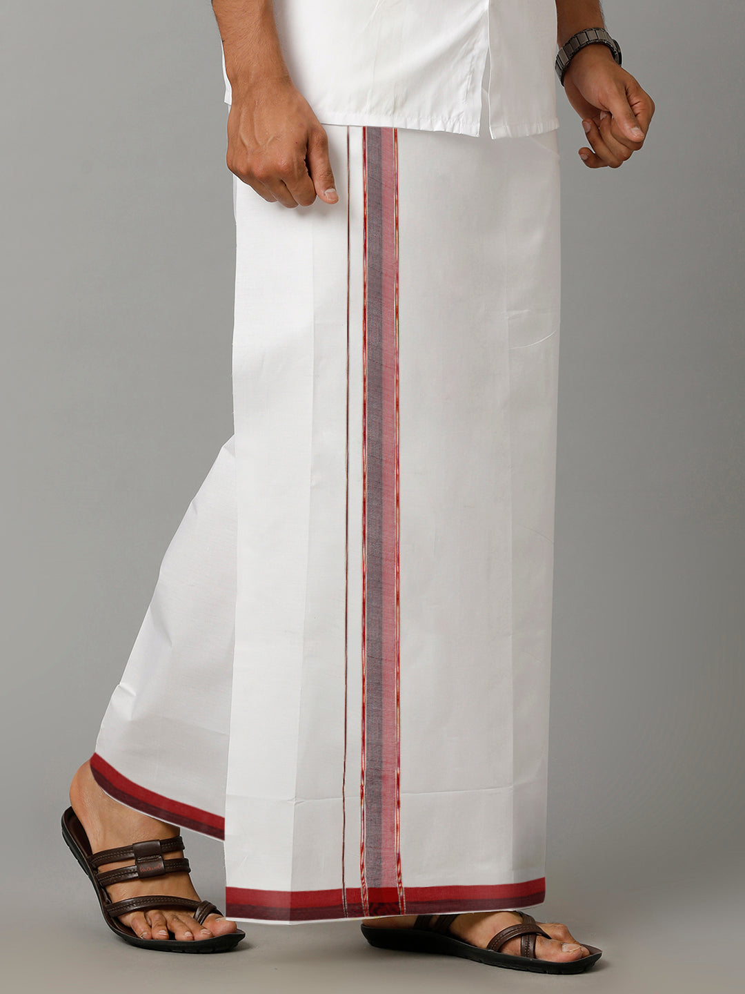 Mens 100% Cotton Double Dhoti with Red & Black Fancy Jari Border Enclave 4810-Sdie view