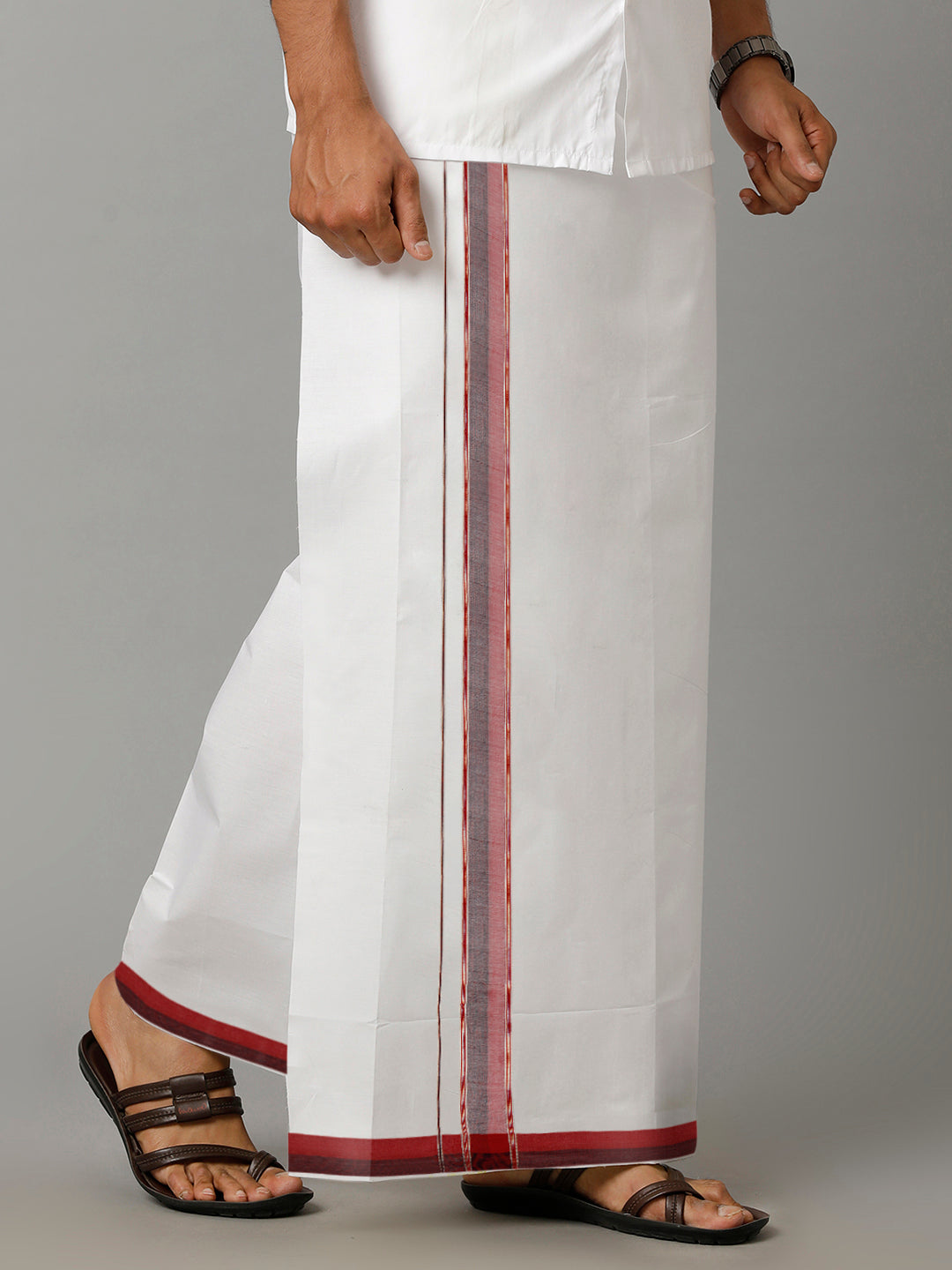 Mens Pure Cotton Silver Jari Border Dhoti Red