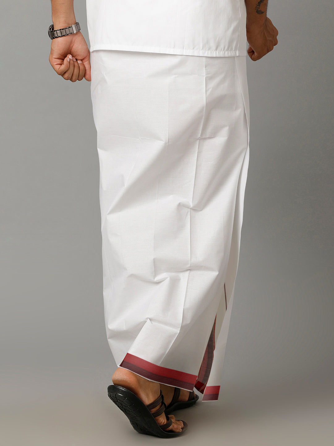 Mens 100% Cotton Double Dhoti with Red & Black Fancy Jari Border Enclave 4810-Back view