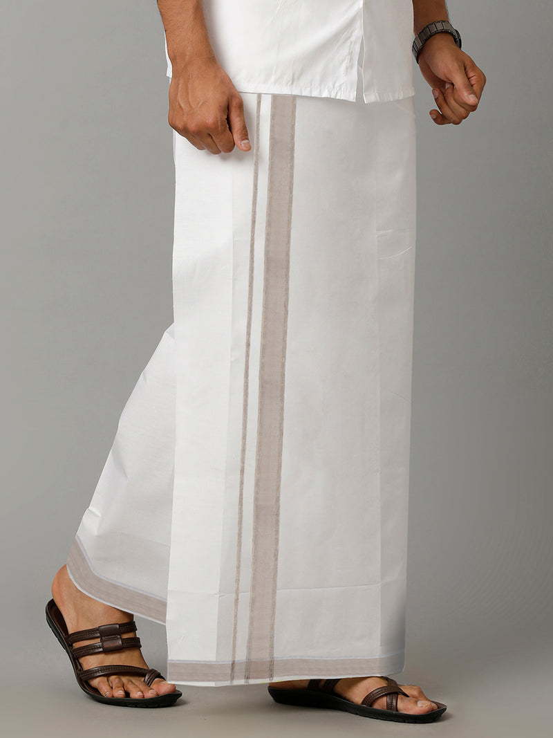 Mens Giza Cotton Double Dhoti with 100% Light Grey Fancy Jari Border Arani