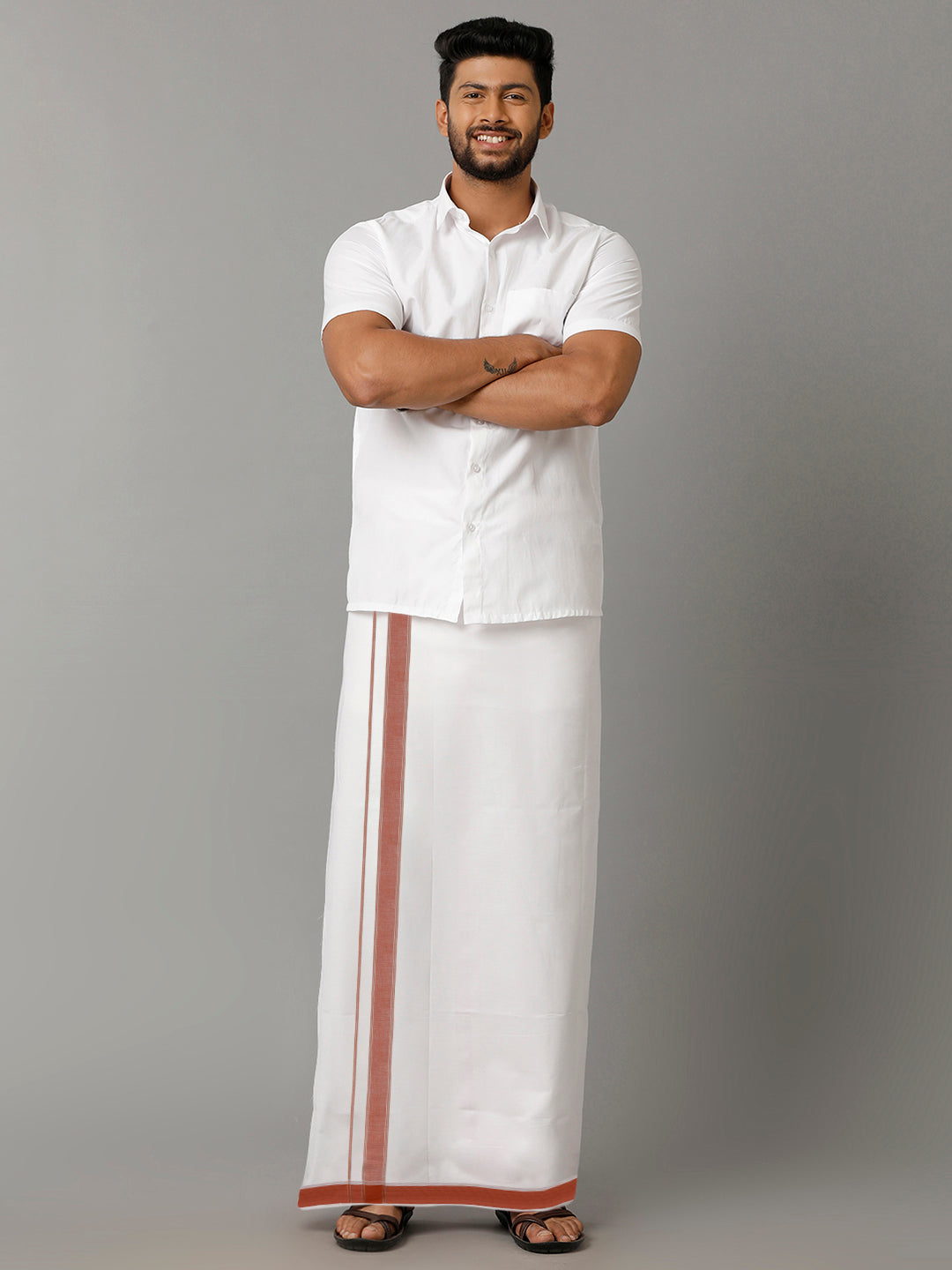 Mens Giza Cotton Double Dhoti with 100% Brown Fancy Jari Border Arani-Full view