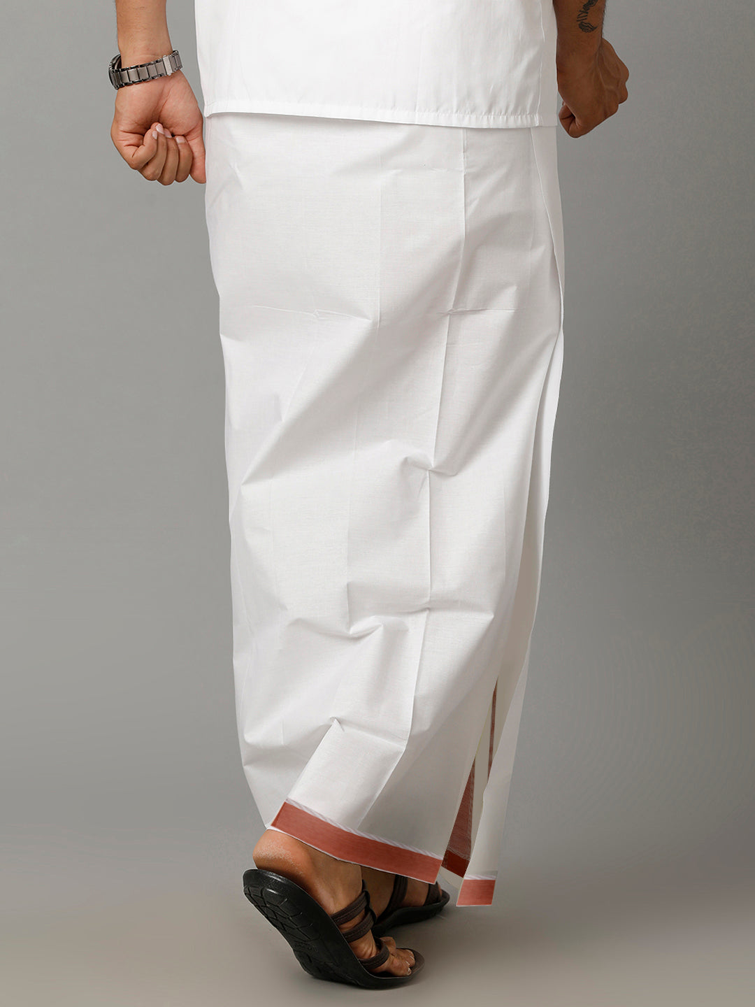 Mens Giza Cotton Double Dhoti with 100% Brown Fancy Jari Border Arani-Back view