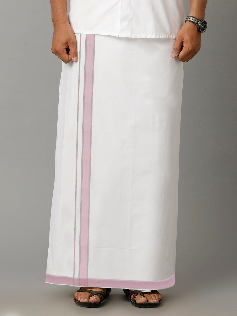 Mens Giza Cotton Double Dhoti with 100% Pink Fancy Jari Border Arani
