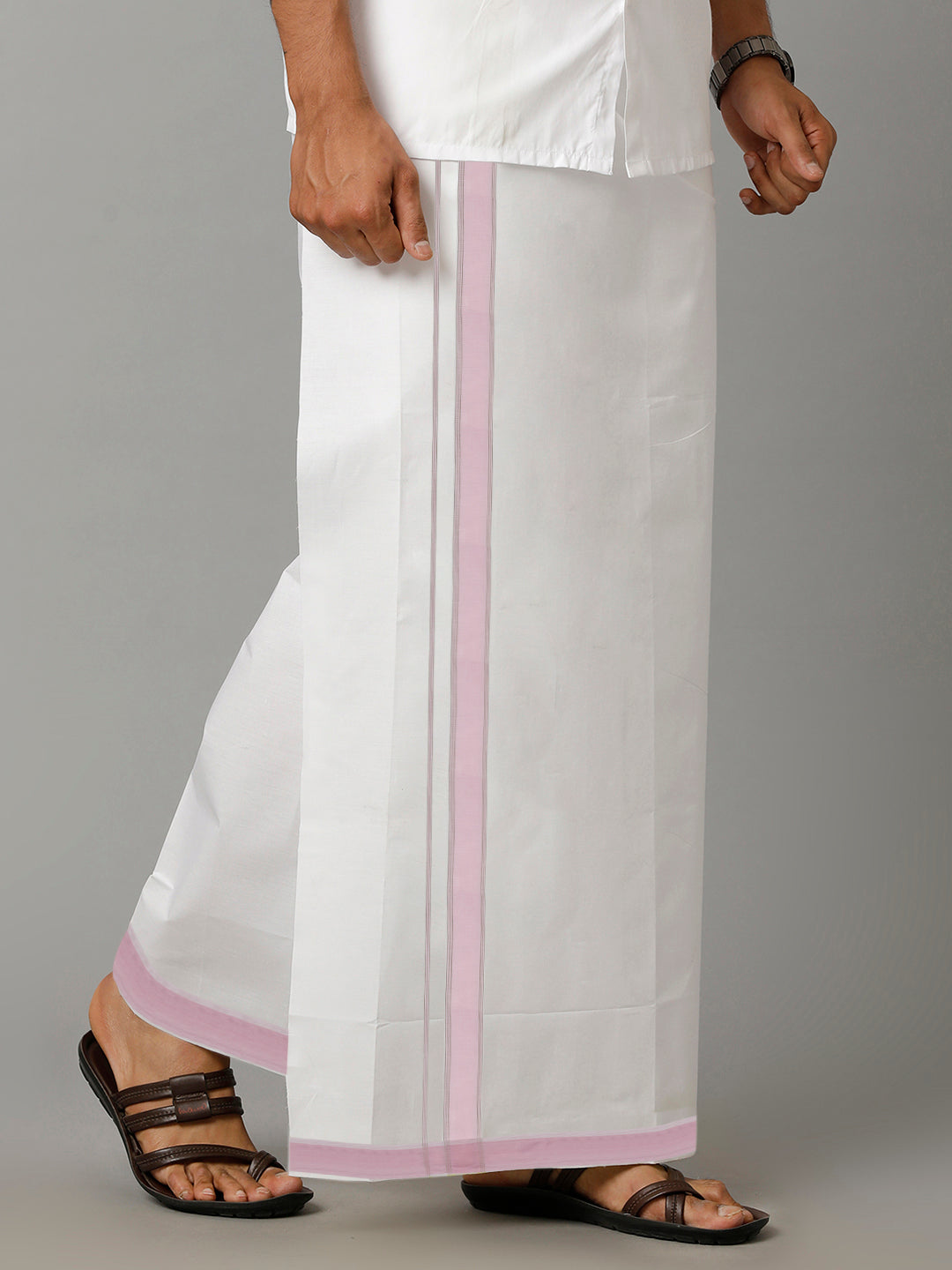 Mens Giza Cotton Double Dhoti with 100% Pink Fancy Jari Border Arani-Side view