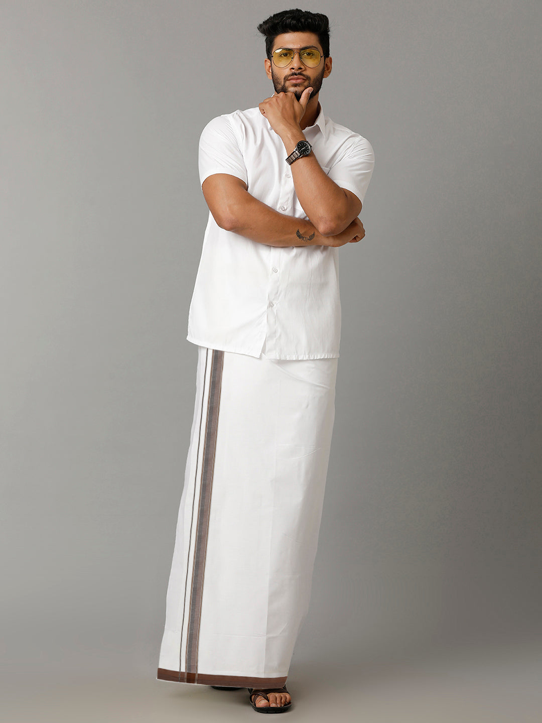 Mens Pure Cotton Silver Jari Border Dhoti Brown