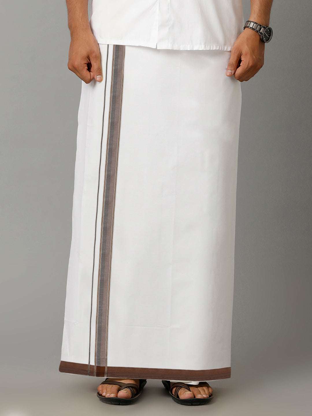 Mens Pure Cotton Silver Jari Border Dhoti Brown