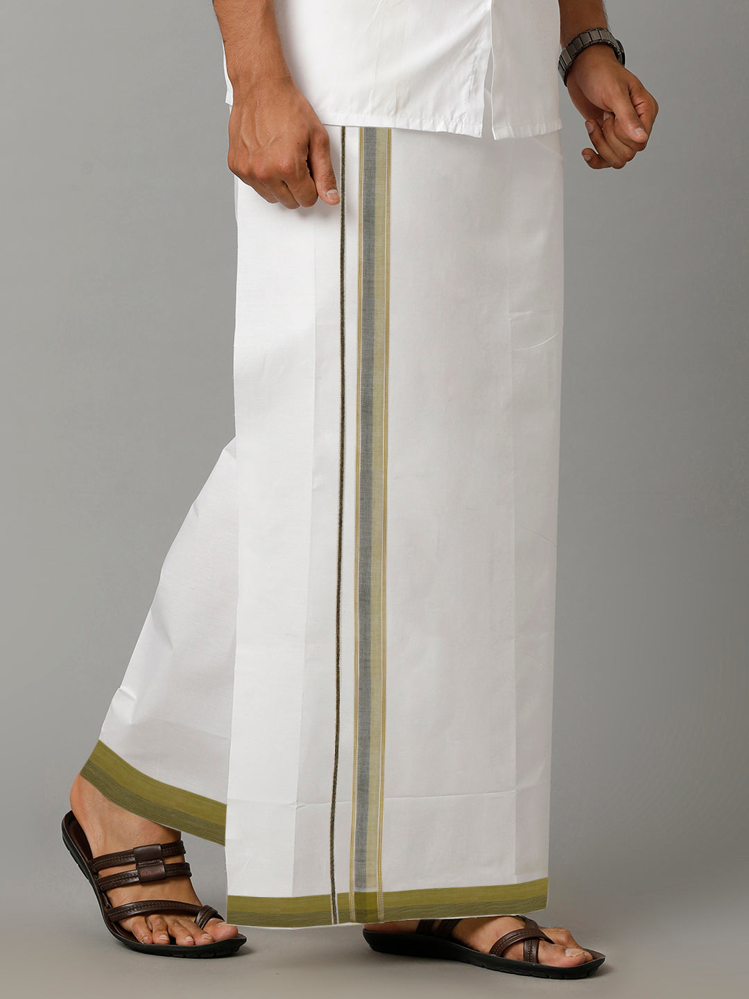 Mens 100% Cotton Double Dhoti with Green & Black Fancy Jari Border Enclave 4810-Side view