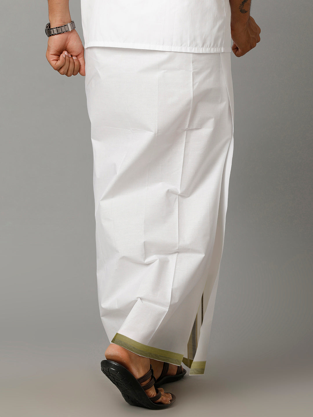 Mens 100% Cotton Double Dhoti with Green & Black Fancy Jari Border Enclave 4810-Back view