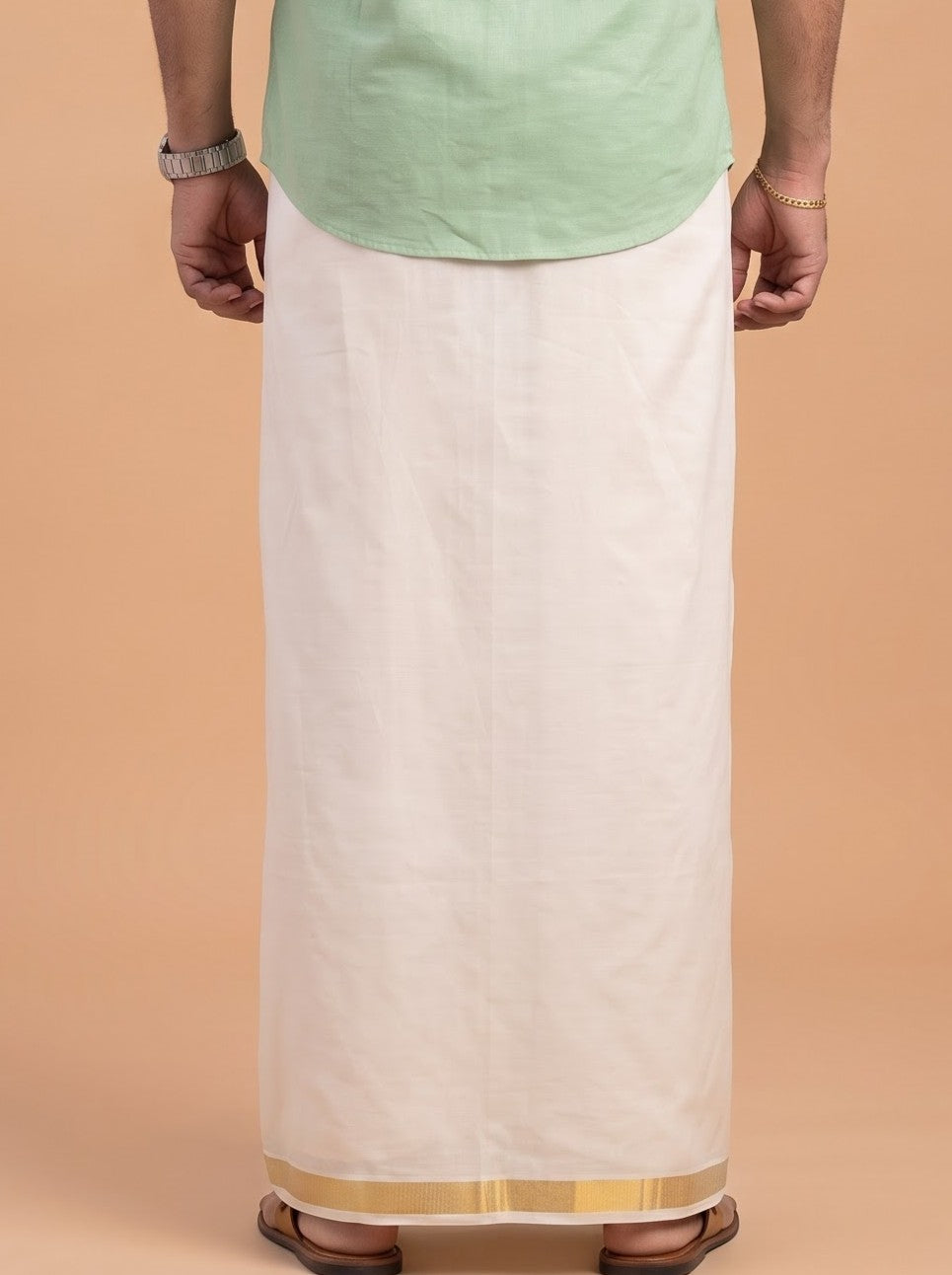 Double Layer Kora Cotton Cream Dhoti with Colour Border - HF Gold HFG02