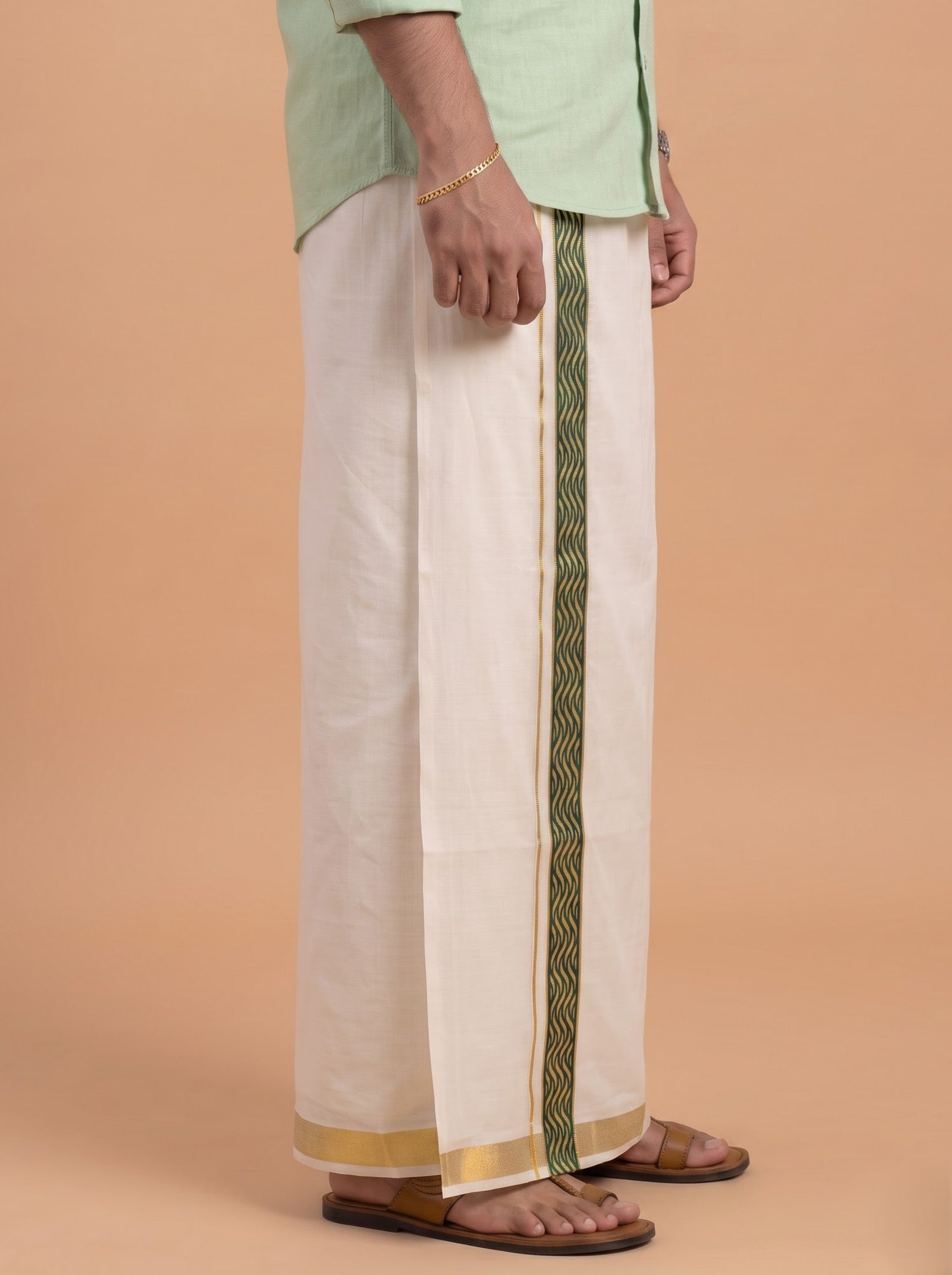 Double Layer Kora Cotton Cream Dhoti with Colour Border - HF Gold HFG02